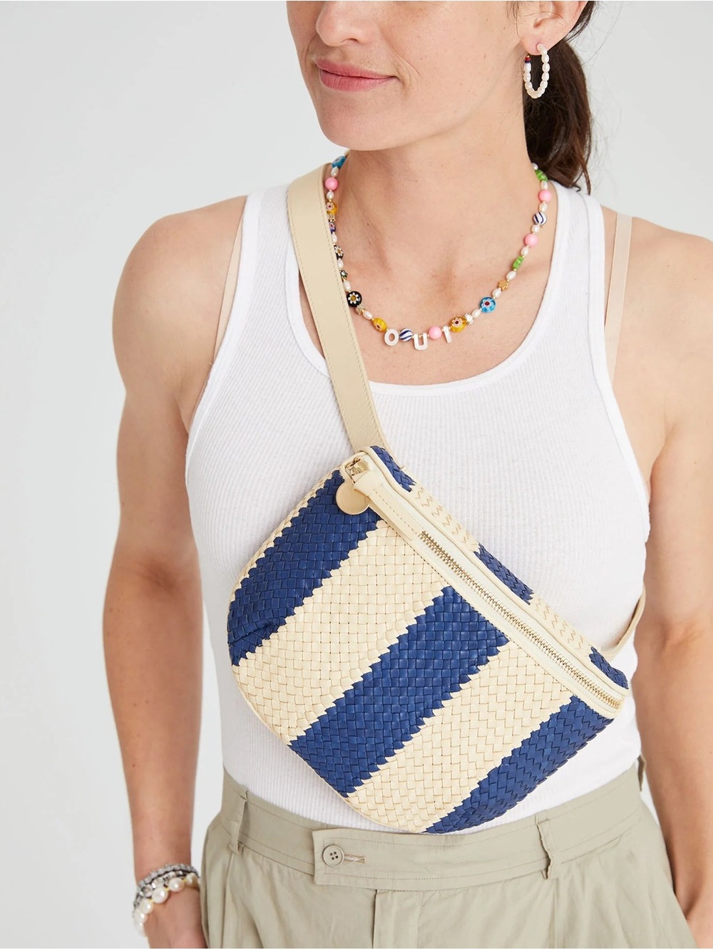 Clare V Classic Fanny- Cream & Blue Woven Leather